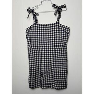 EXPRESS Gingham Square Neck Tie Strap‎ Mini Dress Navy White Size L